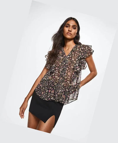 Kosele Mango Ruffles Printed Damske Čierne | SK861746