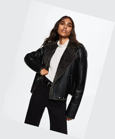 Moto Bunda Mango Faux Shearling-lined Damske Čierne | SK859919